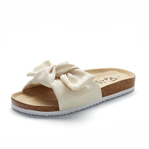 PepStep Slide-Sandalen für Damen oder Damen, elegant, Sommer, lässig, niedliche Fliege, Knoten am oberen Riemen, bequemes Slip-On-Kork-Fußbett, Glänzendes Beige, 40 EU von PepStep