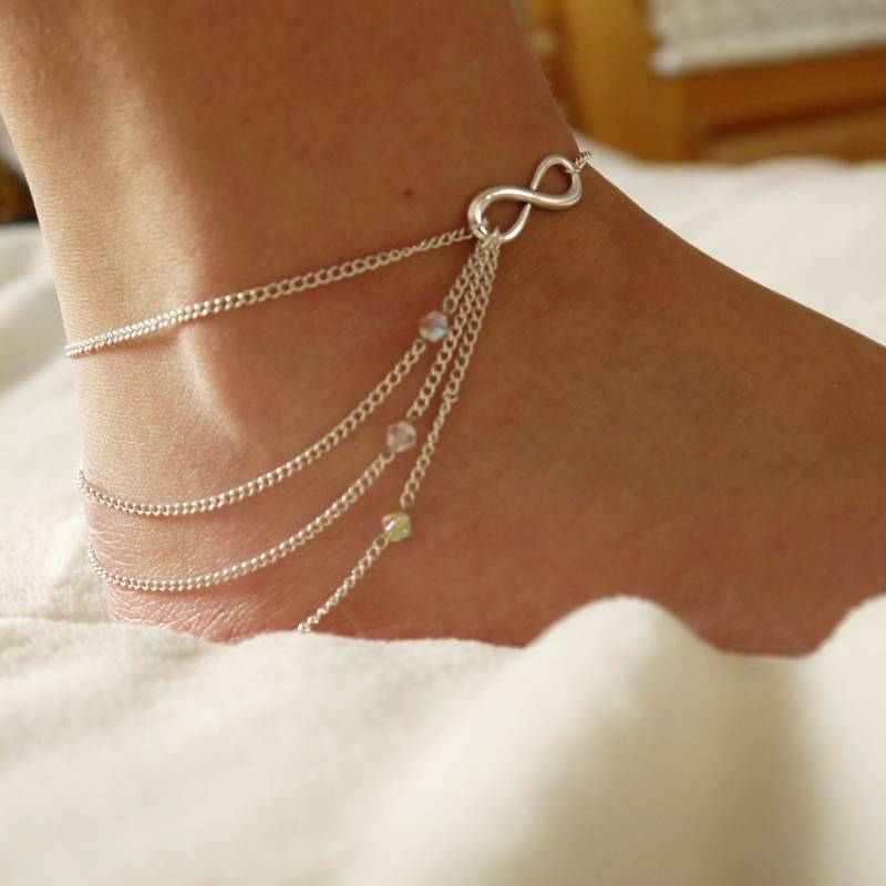 Mehrschichtige Kette Fußkettchen, Silber Kristall Perlen Unendlichkeit Sommer Schmuck, Strand Accessoire, Fußschmuck von PepaWRJ