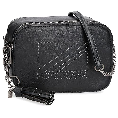 Pepe Jeans Donna Umhängetasche mit Zwei Fächern, Schwarz, 20,5 x 14 x 7,5 cm, Kunstleder, Schwarz, Umhängetasche mit Zwei Fächern von Pepe Jeans