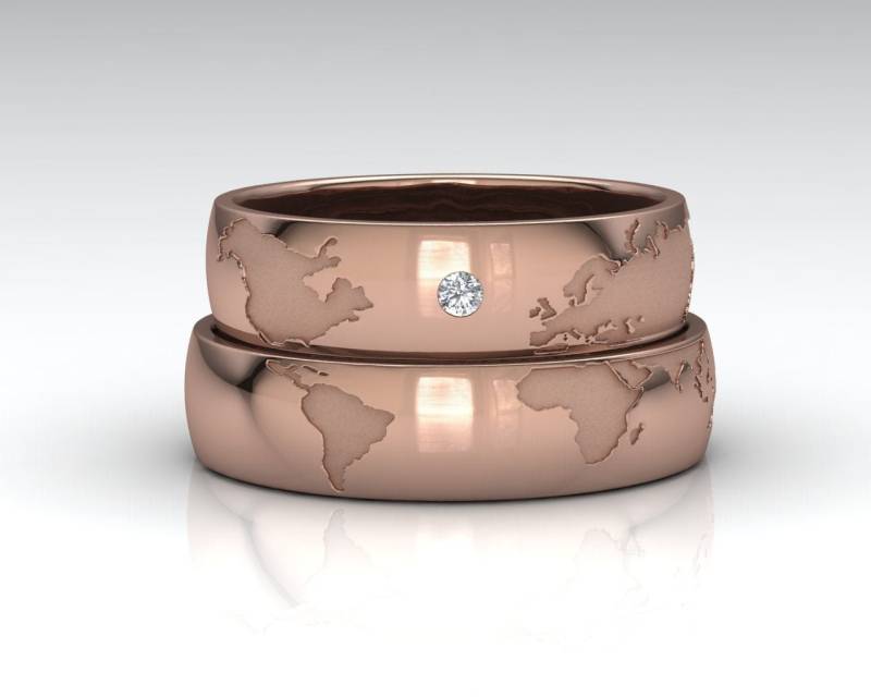 Roségoldene Weltkarten-Trauringe, 18K, 14K Oder 9K Goldringe Für Reiseliebhaber, Destination Wedding Bands, Einzigartige Globus-Verlobungsringe von PepeDry
