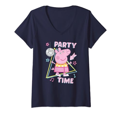 Damen Peppa Wutz Disco Party Time AMAZON EXCLUSIVE T-Shirt mit V-Ausschnitt von Peppa Pig