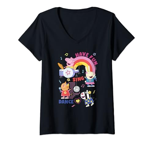 Damen Peppa Wutz Have Fun with Friends AMAZON EXCLUSIVE T-Shirt mit V-Ausschnitt von Peppa Pig