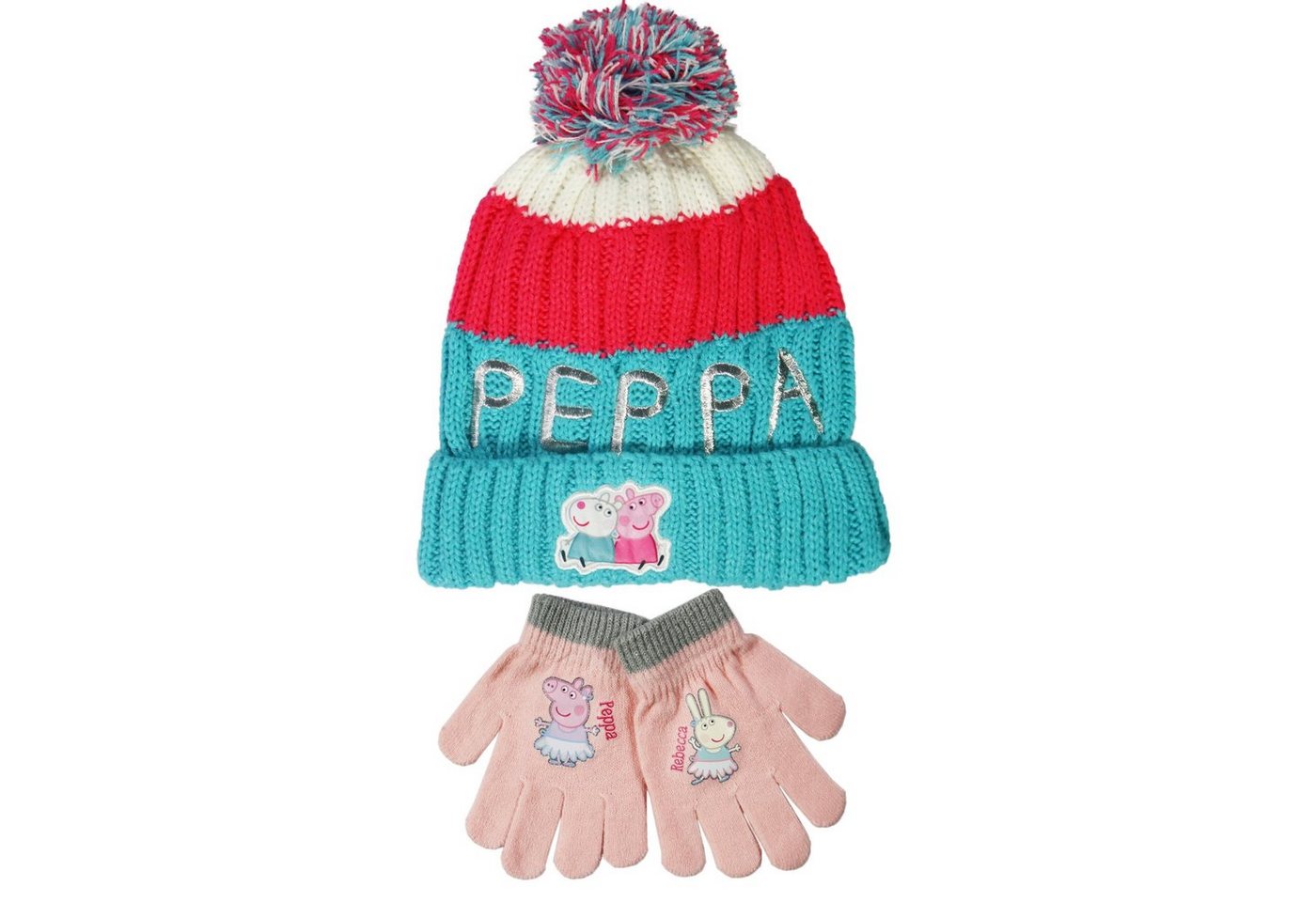 Peppa Pig Bommelmütze Peppa Wutz Kinder Wintermütze plus Handschuhe Gr. 52 bis 54 von Peppa Pig