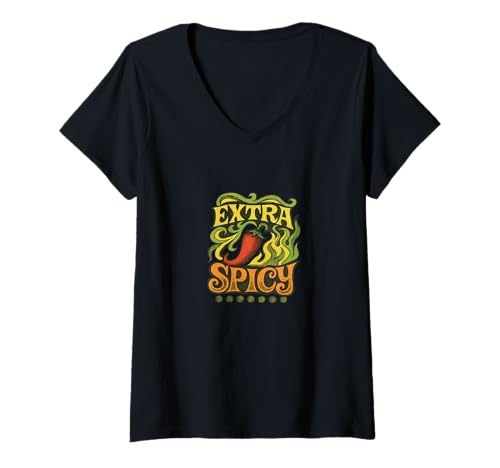 Damen Extra Spicy Funny Food Humor Heat Lover Bold Zitat T-Shirt mit V-Ausschnitt von Pepper Punch Emporium