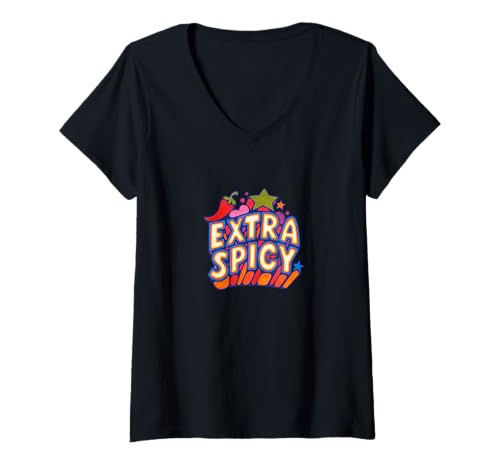 Damen Extra Spicy Funny Food Humor Heat Lover Bold Zitat T-Shirt mit V-Ausschnitt von Pepper Punch Emporiums