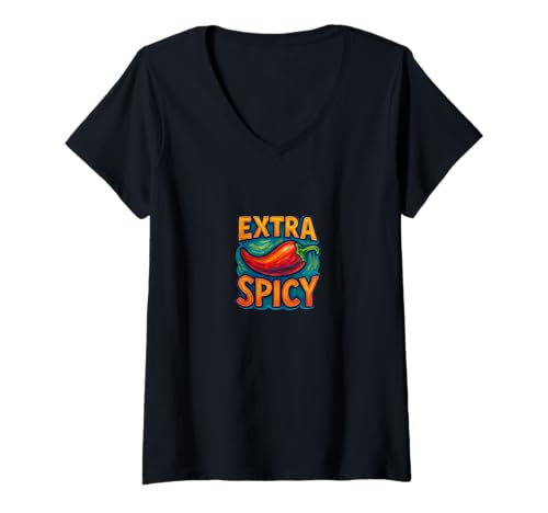 Damen Extra Spicy Funny Food Humor Heat Lover Bold Zitat T-Shirt mit V-Ausschnitt von Pepper Punches Emporiums