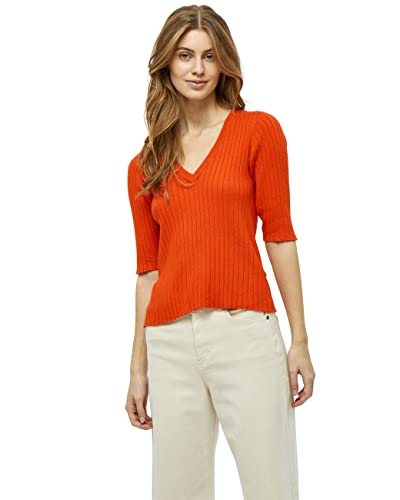 Peppercorn Damen Peppercorn Tana V-ausschnitt Halb Ärmel Rib Pullover | Pullover Damen in Orange Herbst Pulli Damen Rippstrick, Intensives Orange, S EU von Peppercorn