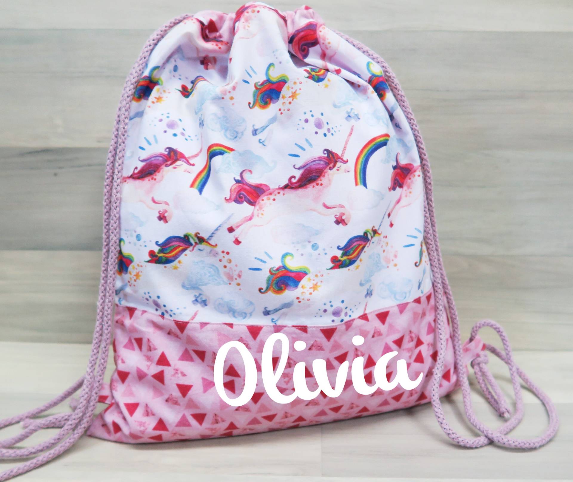 Turnbeutel Einhorn/Dreiecke - Mit Namen von Peppylinchen