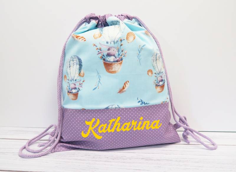 Turnbeutel Mit Namen - Heißluftballon Hase von Peppylinchen