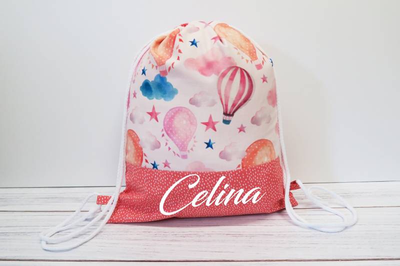 Turnbeutel Mit Namen - Heißluftballon Lachs von Peppylinchen