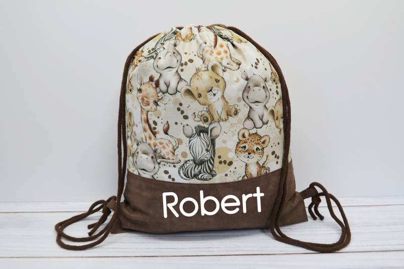 Turnbeutel Mit Namen - Löwe, Tiger Und Co. Dunkelbraun von Peppylinchen