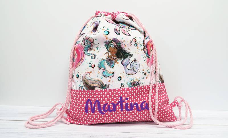 Turnbeutel Mit Namen - Meerjungfrau/Pink Punkte von Peppylinchen