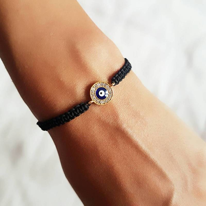 Evil Eye Armband, Makramee, Hand Der Fatima Zirkon Charm, Zierliches Blau Nazar Schutz von PeraStore