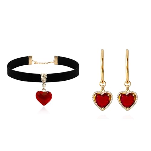 Halloween Halskette Ohrringe Set Königin Zubehör Kostüm der Herzen Frauen Strass Rot Herz Ohrringe Halloween Kostüme 2025, Metall Halloween Halskette Ohrringe Set Königin Zubehör Kostüm der Herzen Frauen Strass Rot Herz Ohrringe Halloween Kostüme 2025, Metall von Peraca Cris