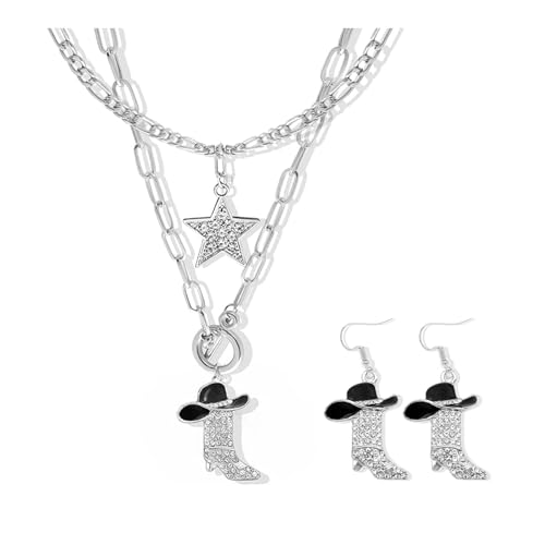 Western-Halskette und Ohrringe für Damen, Konzert-Outfit-Set für Damen, Strass-Kleid mit Stiefel-Design, Metall Western-Halskette und Ohrringe für Damen, Konzert-Outfit-Set für Damen, Strass-Kleid mit Stiefel-Design, Metall von Peraca Cris