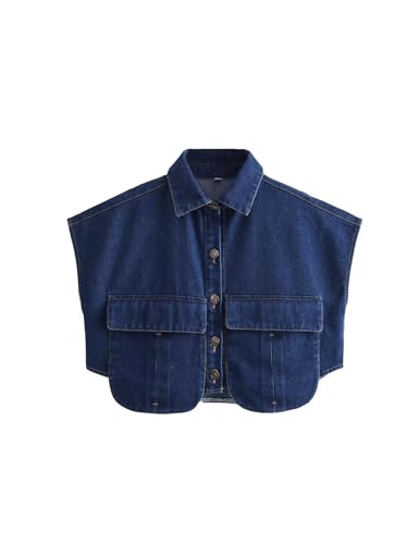 Perbai Damen Cropped-Shirt mit Knopfleiste, Sommerkragen, ärmellos, lockerer Denim-Top mit Taschen, Blau dunkel, Medium Perbai Damen Cropped-Shirt mit Knopfleiste, Sommerkragen, ärmellos, lockerer Denim-Top mit Taschen, Blau dunkel, Medium von Perbai