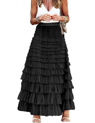 Perbai Damen High Waist A Line Tiered Layered Mesh Tüll Lange Maxirock Petticoat, Schwarz, Mittel von Perbai