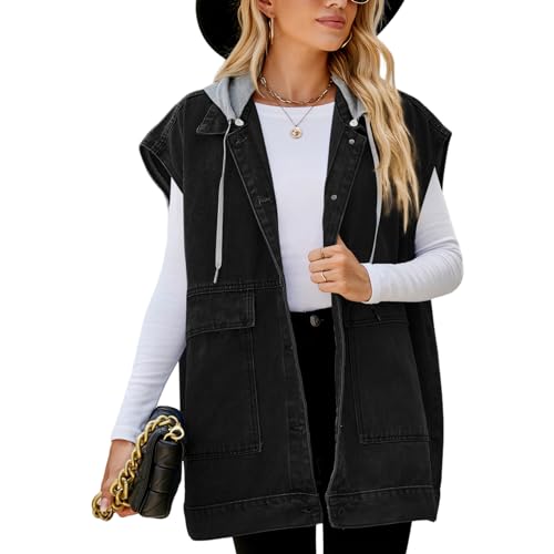 Perbai Damen Oversized Denim Vest Mid Long Jean Vest Distressed Sleeveless Denim Jacket, B Hoodedblack, M von Perbai