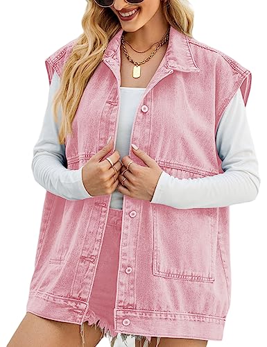 Perbai Damen Oversized Denim Vest Mid Long Jean Vest Distressed Sleeveless Denim Jacket, B Pink, M von Perbai