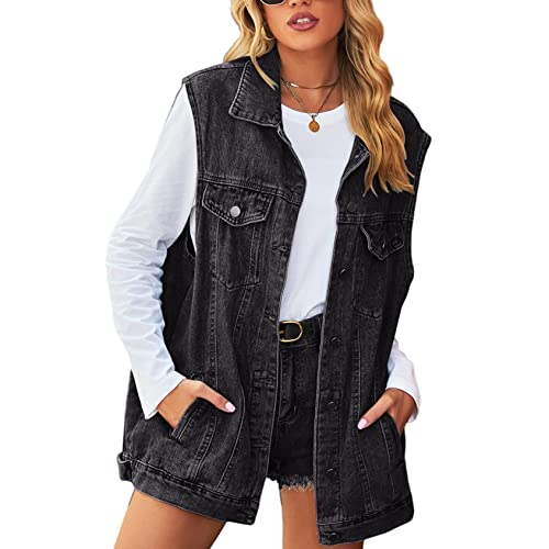 Perbai Damen Oversized Denim Weste Distressed Mid Long Ärmellos Jeansjacke Weste mit Taschen, GRAU, XL von Perbai