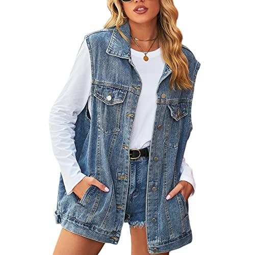 Perbai Damen Oversized Denim Weste Distressed Mid Long Ärmellos Jeansjacke Weste mit Taschen, Hellblau, XL von Perbai