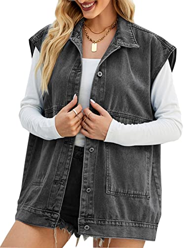 Perbai Damen Oversized Denim Weste Distressed Mid Long Ärmellos Jeansjacke Weste mit Taschen, B Grau, L von Perbai
