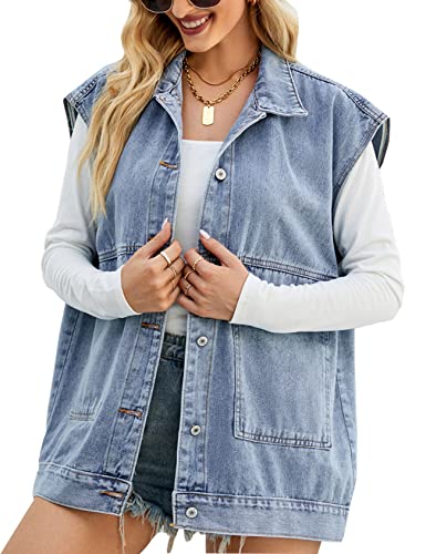 Perbai Damen Oversized Denim Weste Distressed Mid Long Ärmellos Jeansjacke Weste mit Taschen, B Hellblau, S von Perbai