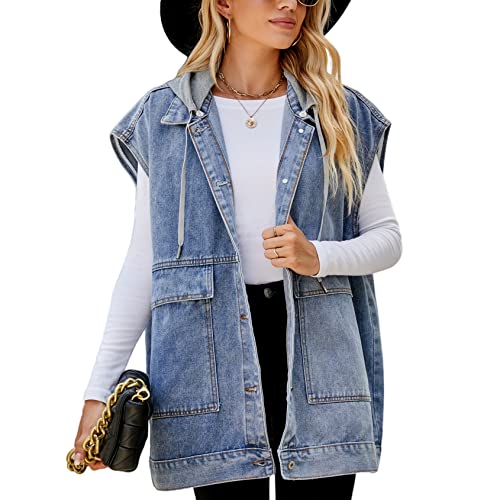 Perbai Damen Oversized Denim Weste Distressed Mid Long Ärmellos Jeansjacke Weste mit Taschen, B Hoodedblue, XL von Perbai