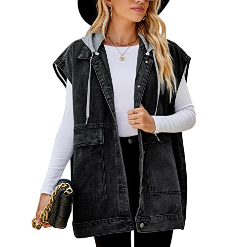 Perbai Damen Oversized Denim Weste Distressed Mid Long Ärmellos Jeansjacke Weste mit Taschen, B Hoodedgrey, L von Perbai
