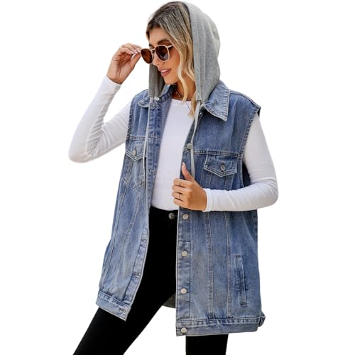 Perbai Damen Oversized Denim Weste Distressed Mid Long Ärmellos Jeansjacke Weste mit Taschen, Mit Kapuze, hellblau, L von Perbai