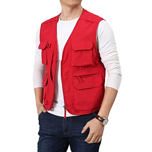 Perbai Herren Schwarz Utility Angeln Weste Outdoor Sommer Leichte Arbeit Foto Safari Cargo Weste, Rot/Ausflug, einfarbig (Getaway Solids), XL von Perbai