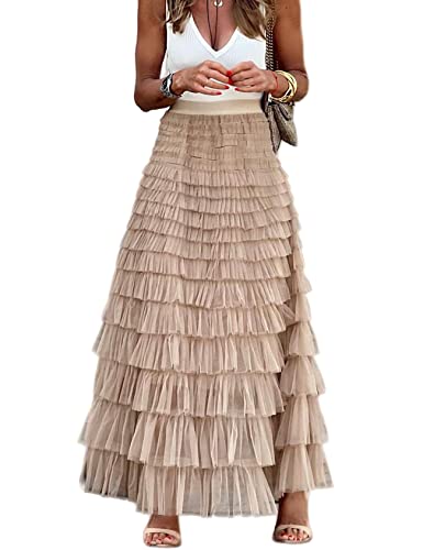 Perbai Langer Maxi-Tüllrock für Damen, hohe Taille, A-Linie, mehrlagiges Netz-Tutu, Petticoat, Champagner, Mittel von Perbai