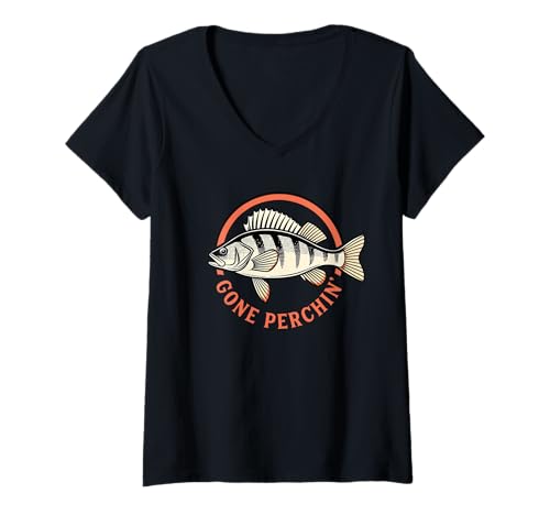 Damen Barsch Fishing Gone Perchin' Retro-Stil T-Shirt mit V-Ausschnitt von Perch Fishing Gifts