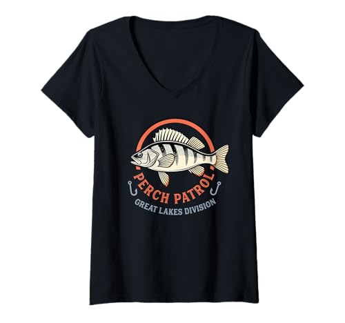 Damen Barsch Patrol Great Lakes Fishing T-Shirt mit V-Ausschnitt von Perch Fishing Gifts