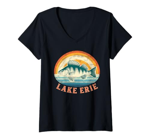 Damen Barschangeln am Eriesee Great Lakes T-Shirt mit V-Ausschnitt von Perch Fishing Gifts