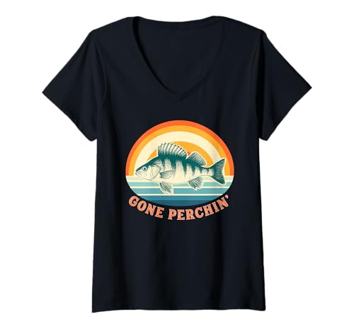 Damen Gone Perchin' Angeln auf Barsch bei Sonnenaufgang T-Shirt mit V-Ausschnitt von Perch Fishing Gifts