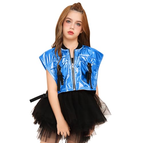 Perfashion Cropped-Weste für Mädchen, Punk, Metallic-Blau, Leder, Bomberjacke mit Reißverschluss, ärmellos, Größe 34 - 40 von Perfashion