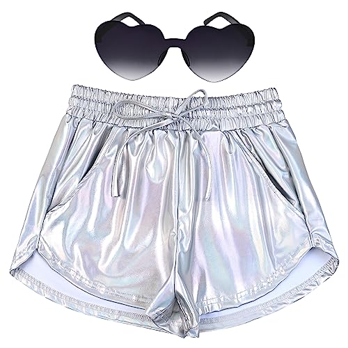 Perfashion Damen Metallic Shorts Sommer Sparkly Hot Outfit Glänzende Kurze Hosen, Laser Silver, Mittel von Perfashion