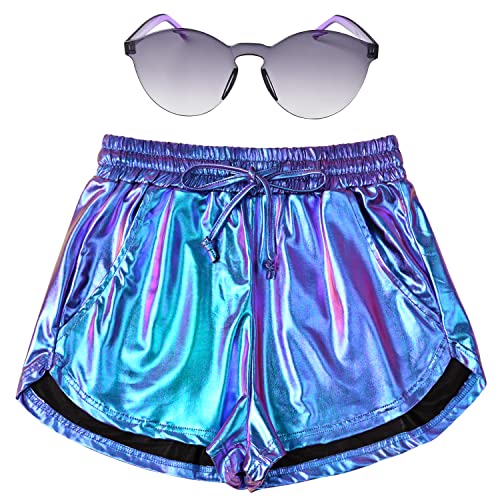 Perfashion Damen Metallic Shorts Sommer Sparkly Hot Outfit Glänzende Kurze Hosen, Magic Color-lila/Cyan, Groß von Perfashion