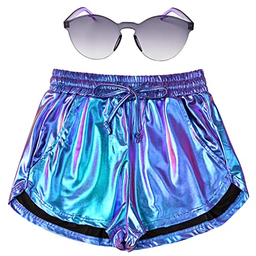 Perfashion Damen Metallic Shorts Sommer Sparkly Hot Outfit Glänzende Kurze Hosen, Magic Color-lila/Cyan, Klein von Perfashion