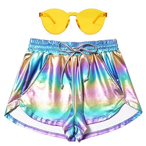 Perfashion Damen Metallic Shorts Sommer Sparkly Hot Outfit Glänzende Kurze Hosen, Regenbogen, Klein von Perfashion