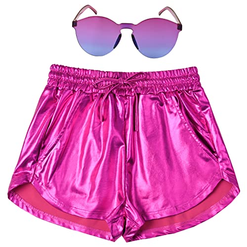 Perfashion Damen Metallic Shorts Sommer Sparkly Hot Outfit Glänzende Kurze Hosen, Rosenrot, Mittel von Perfashion