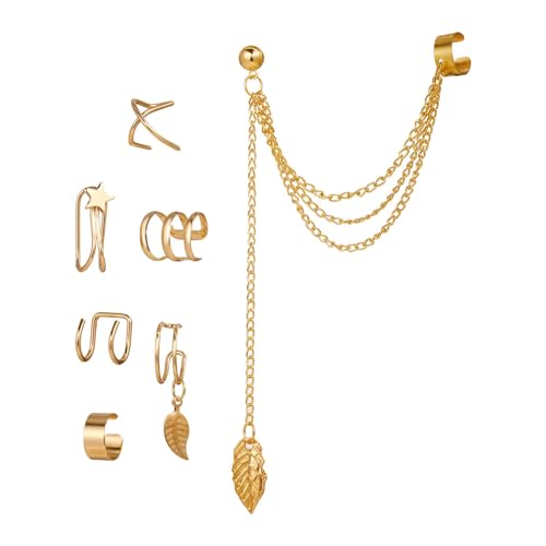 Perfeclan 7 Stück Ohrclip-Ohrringe für Damen, kreatives Kostümzubehör, trendiger Quastenketten-Schmuck, Geschenk für Club, Abschlussball, Valentinstag, Gold von Perfeclan