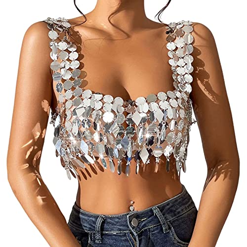 Perfeclan Pailletten Crop Top Crop Neckholder Top Y2K Verstellbare Kette Outfit Damen Halfter Camisole Cami Top für Tanzparty Halloween Rave Festival, Tropfenform von Perfeclan