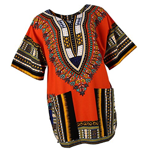 Perfeclan Unisex Afrikanische Drucke Kleid Baumwolle Dashiki Hemd Ethnischer Kaftan, Orange, wie beschrieben von Perfeclan