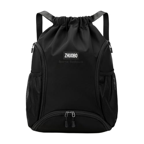 perfeclan Basketball-Rucksack mit Kordelzug und Reißverschluss, leicht, tragbar, Basketball-Tragetasche, Sporttasche für Volleyball, Rugbyball, Schwarz von Perfeclan