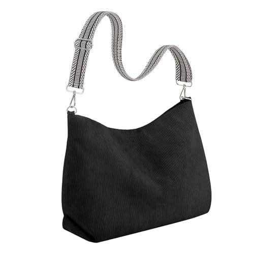 perfeclan Cord-Einkaufstasche mit Reißverschluss, große Umhängetasche für den täglichen Strand im Freien, Schwarz von Perfeclan