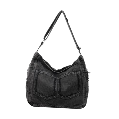 perfeclan Denim-Umhängetasche für Damen, groß, für Studenten, Reisen, Schultertasche, Crossbody-Tasche, Grauschwarz von Perfeclan
