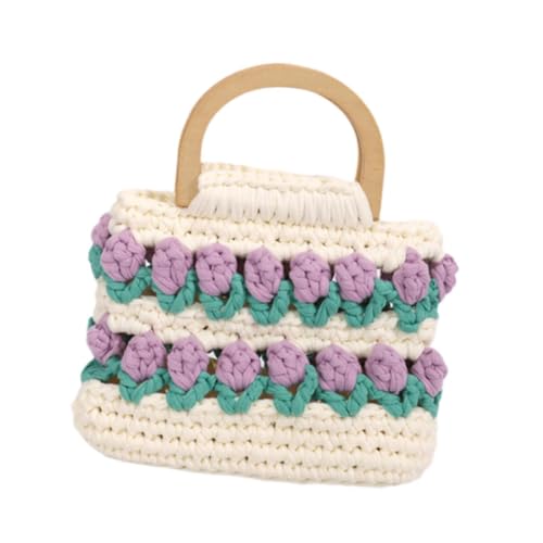 perfeclan Frauen Handtasche Geldbörse Feen Tasche Große Kapazität mit Griff Handheld Fashion Tote Bag Häkelbeutel für Reiseurlaubsstrand, Beige lila von Perfeclan