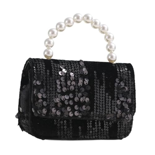 perfeclan Kleine Mädchen Handtasche mit Perlen Griff Lagerung Schulter Tasche für Geburtstag Geschenk Reise, Schwarz von Perfeclan